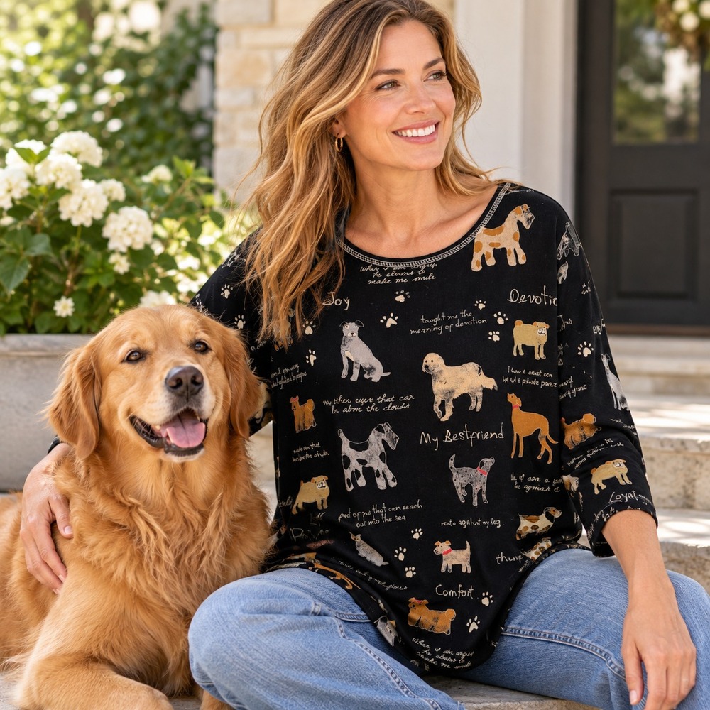 Jess & Jane My Best Friend Top Sz XL Dog Print Made USA Cotton Artsy Whimsical